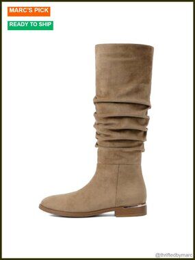 Faux Suede Ruched Slouchy Knee High Boots Flat Heel Women